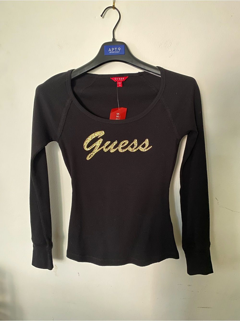 GUESS Black Long Sleeve Ribbed Top with Gold Script Logo